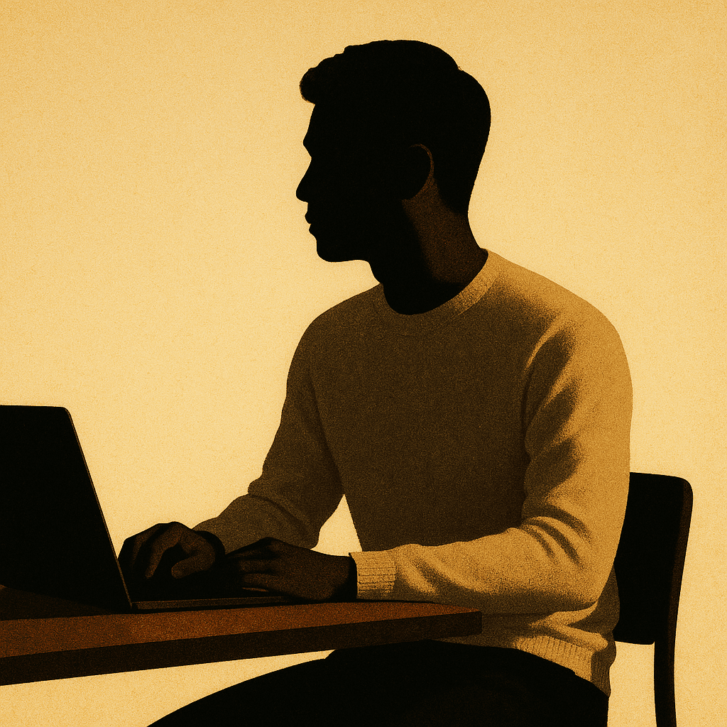 Stylised editorial portrait of Dan Duar at his workstation