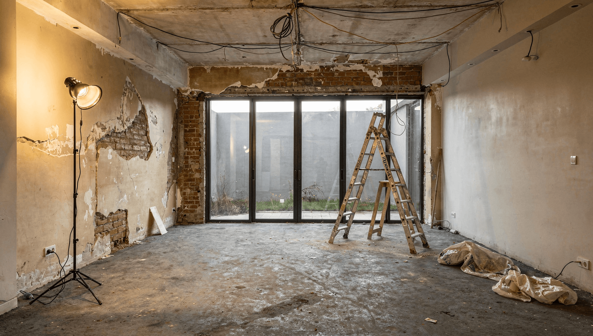 Before — the bare room at strip-out, unfinished walls and floor