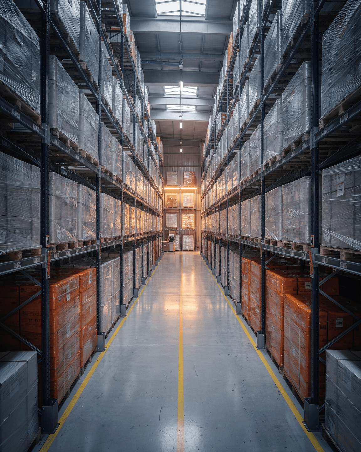 Warehouse aisle with high-bay pallet racking, stock wrapped and binned on both sides