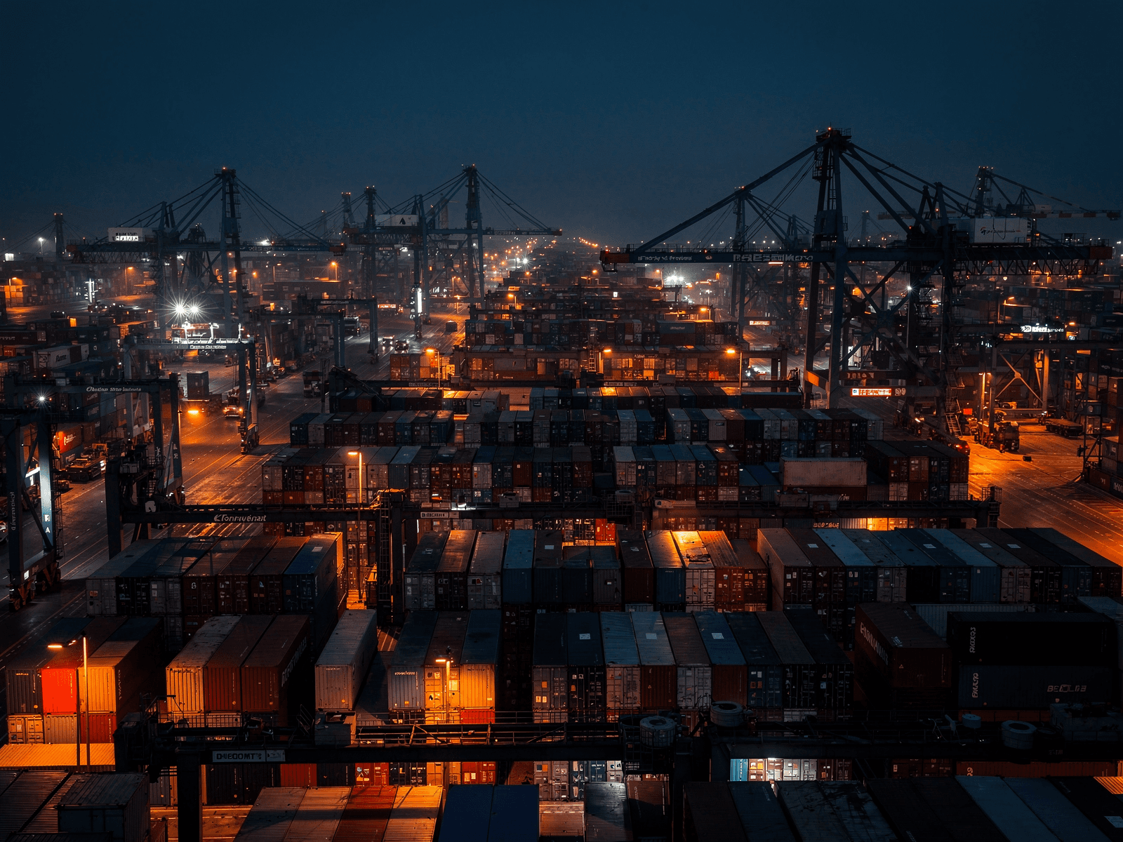 Aerial view of a container terminal — gantry cranes over stacked containers at Northport, Port Klang