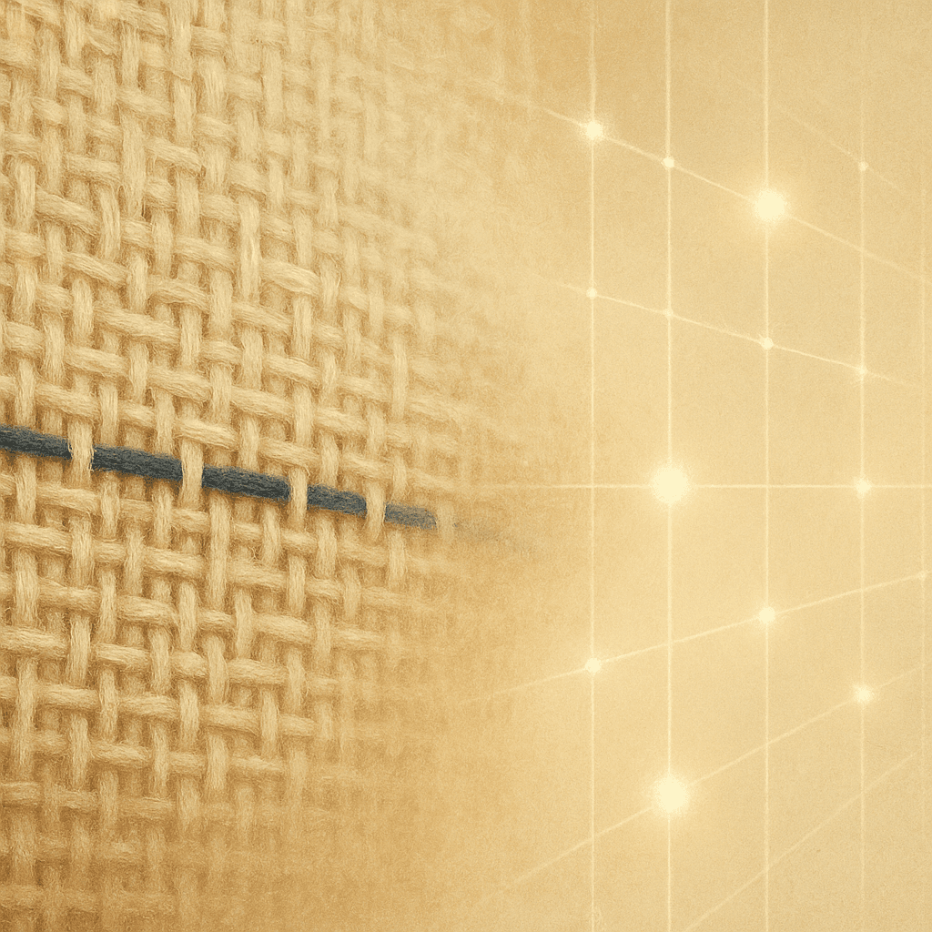 Linen craft dissolving into a luminous digital grid