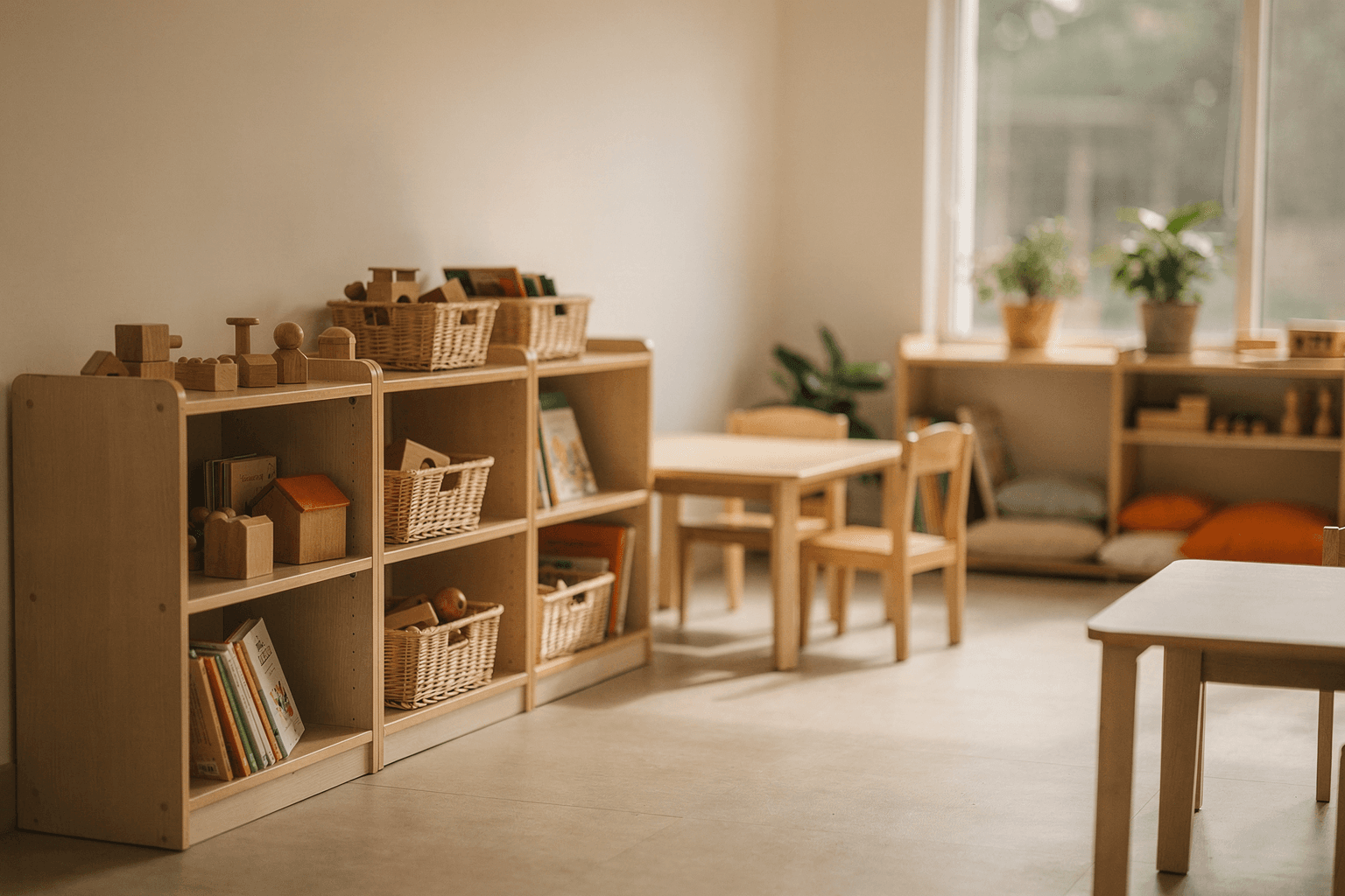 A warm, naturally lit Malaysian kindergarten classroom with low light-wood shelves of toys and books, child-height tables, an orange-cushioned reading corner, and potted plants